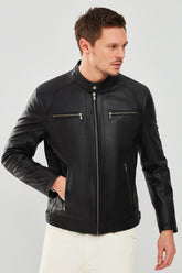 Stealth – Men's Black Leather Cafe Racer Jacket with Dual Chest Zip Pockets
