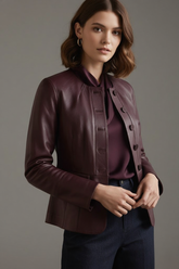 Carra - Women's Wine Red Leather Button-Up Tailored Jacket