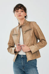 Maren Women's Beige Lambskin Leather Moto Jacket in Cafe Racer Style