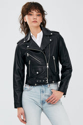 Sloane - Women's Black Belted Leather Biker Jacket