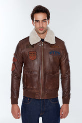 Wingman – Men's Brown Leather Flight Bomber Jacket with Shearling Collar & Embroidered Patches