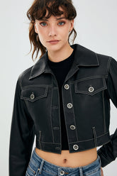 Verda – Women's bBlack Leather Cropped Trucker Jacket with Contrast Stitching