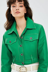 Verda – Women's Green Leather Cropped Trucker Jacket with Contrast Stitching