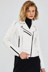 Reeve – Women's White Leather Biker Jacket with Lapel Collar & Silver Hardware