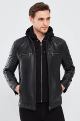 Circuit – Men's Black Leather Biker Jacket with Quilted Shoulders & Detachable Hood