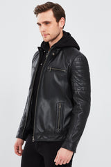 Circuit – Men's Black Leather Biker Jacket with Quilted Shoulders & Detachable Hood