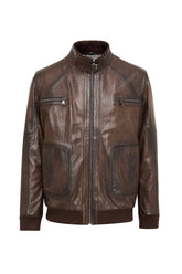 Felix – Men's Brown Grained Leather Bomber Jacket with Ribbed Trim & Multi-Pocket Design