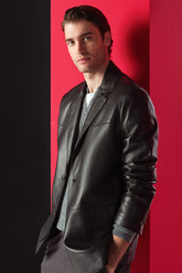 Regent – Men's Black Leather Blazer Jacket with Notch Lapel & Flap Pockets