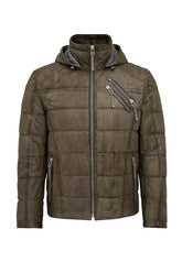 Gridlock – Men's Olive Leather Quilted Hooded Jacket with Double Zip Chest Pocket