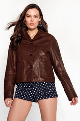 Brando – Women's Brown Leather Cropped Jacket with Patch Pockets & Notch Lapel