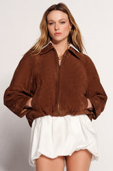 Hazel – Women's Tan Suede Leather Oversized Jacket with Drawstring Hem