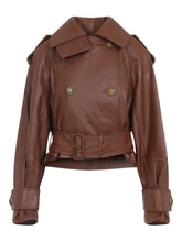 Ayra - Women's Black Leather Double-Breasted Belted Tailored Jacket