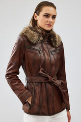 Sable V2 – Women's Brown Leather Belted Jacket with Detachable Fur Hood