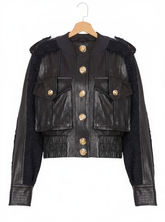 Zola - Women's Black Leather Bomber Jacket with Tweed Panels & Flap Pockets
