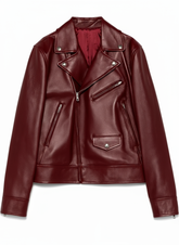 Reva - Women's Blood Red Lambskin Leather Off-Centre Zip Biker Jacket