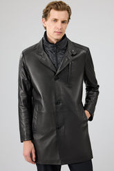 Consul – Men's Black Leather Overcoat with Detachable Inner Bib & Notch Lapel