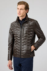 Facet – Men's Brown Leather Jacket with Geometric Quilting & Ribbed Side Panels