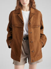 lara - Women's Cognac Suede Leather Chore Coat Shirt Jacket