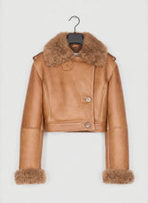 Anya - Women's Tan Leather Cropped Reversible Aviator Jacket with Shearling Lining