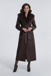 Selena - Women's Chocolate Brown Leather Full-Length Coat with Faux Fur Collar