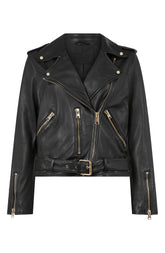 Vega - Women's Black Leather Belted Biker Jacket with Gold Hardware