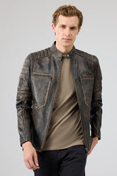 Outlaw – Men's Distressed Brown Leather Biker Jacket with Quilted Shoulders