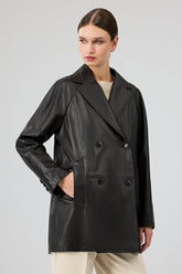 Aldgate – Women's Black Grained Leather Oversized Double-Breasted Coat