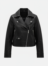 Reyna - Women's Black Leather Asymmetric Zip Multi-Pocket Jacket