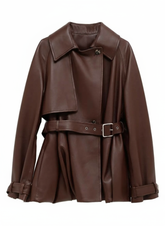 Brenna - Women's Rich Brown Leather Jacket with Buckle Waist Detail