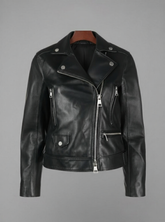 Noire - Women's Black Leather Asymmetric Zip Moto Biker Jacket with Silver Hardware