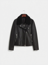 Naeva - Women's Black Leather Asymmetric Biker Jacket with Shearling Collar