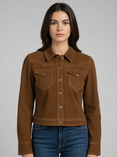 Enya - Women's Rust Brown Suede Cropped Western Button-Up Jacket
