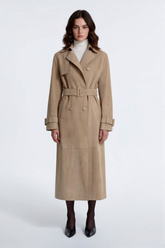 Lea - Women's Suede Double-Breasted Maxi Belted Duster Trench Coat