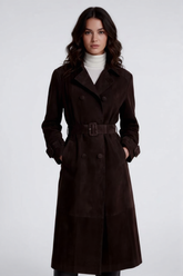 Parisa - Women's Dark Brown Suede Double-Breasted Belted Long Trench Coat