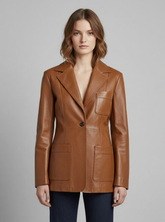 Yana - Women's Cognac Brown Leather Single-Button Tailored Blazer