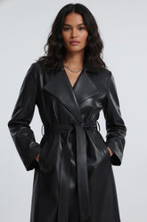 Onyx - Women's Black Leather Longline Self-Tie Wrap Trench Coat