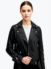 Mireille - Women's Black Faux Leather Quilted Asymmetric Belted Biker Jacket