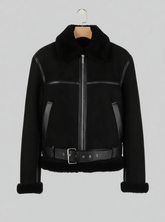 Isadora - Women's Black Suede Leather Aviator Jacket with Shearling Collar