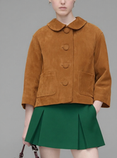 Elara - Women's Camel Suede Cropped Jacket with Peter Pan Collar