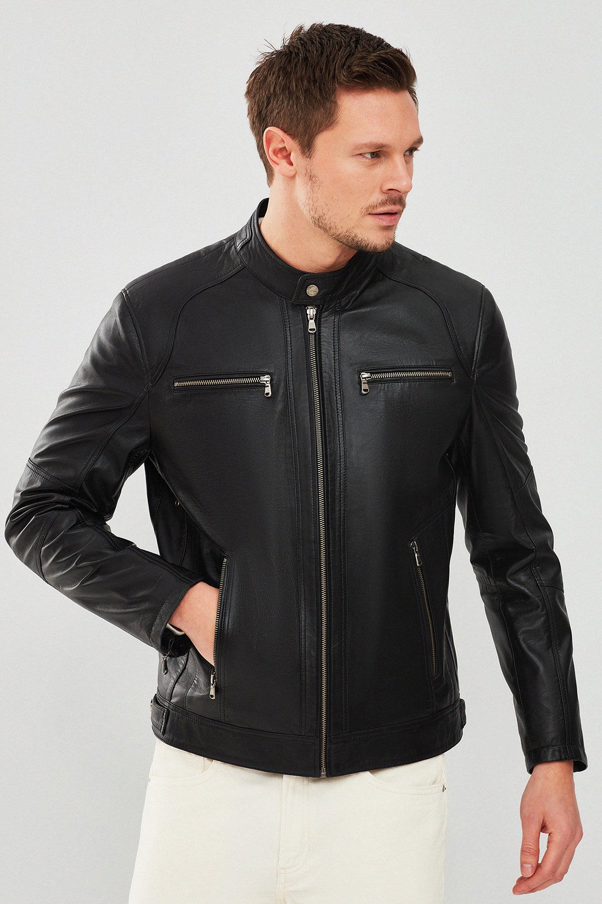 Stealth – Men's Black Leather Cafe Racer Jacket with Dual Chest Zip Pockets