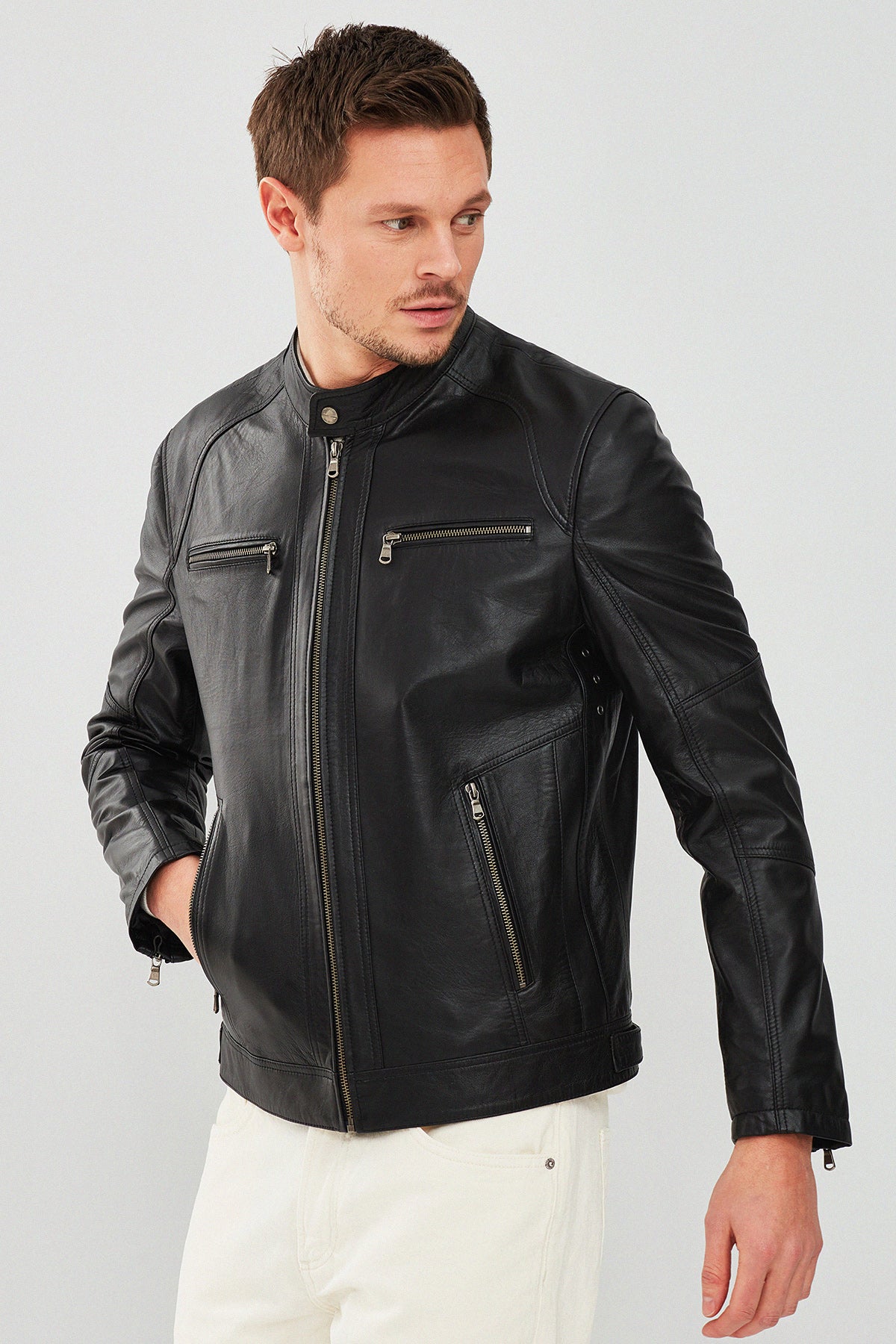 Stealth – Men's Black Leather Cafe Racer Jacket with Dual Chest Zip Pockets