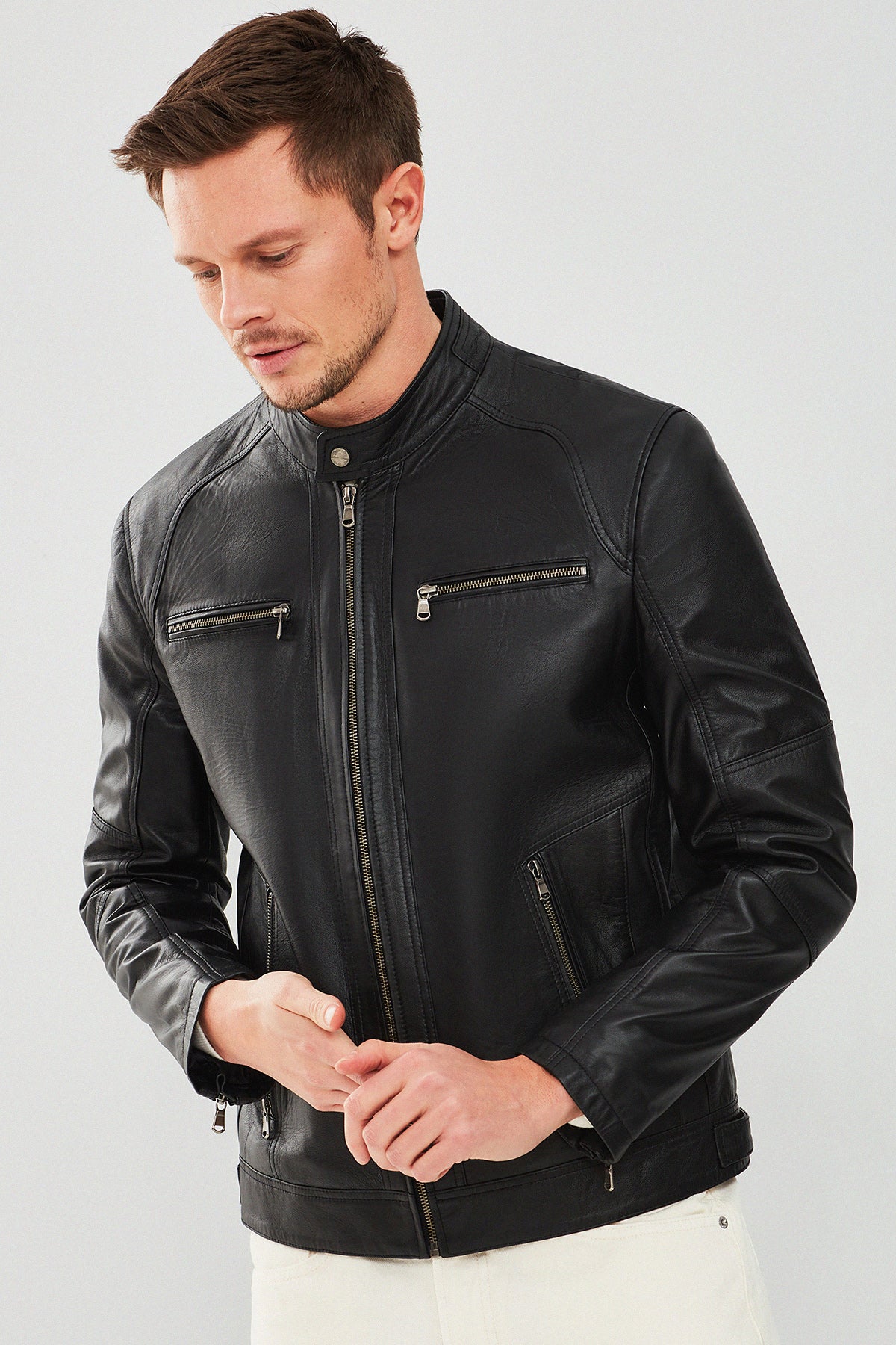 Stealth – Men's Black Leather Cafe Racer Jacket with Dual Chest Zip Pockets