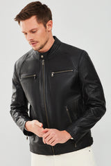 Stealth – Men's Black Leather Cafe Racer Jacket with Dual Chest Zip Pockets