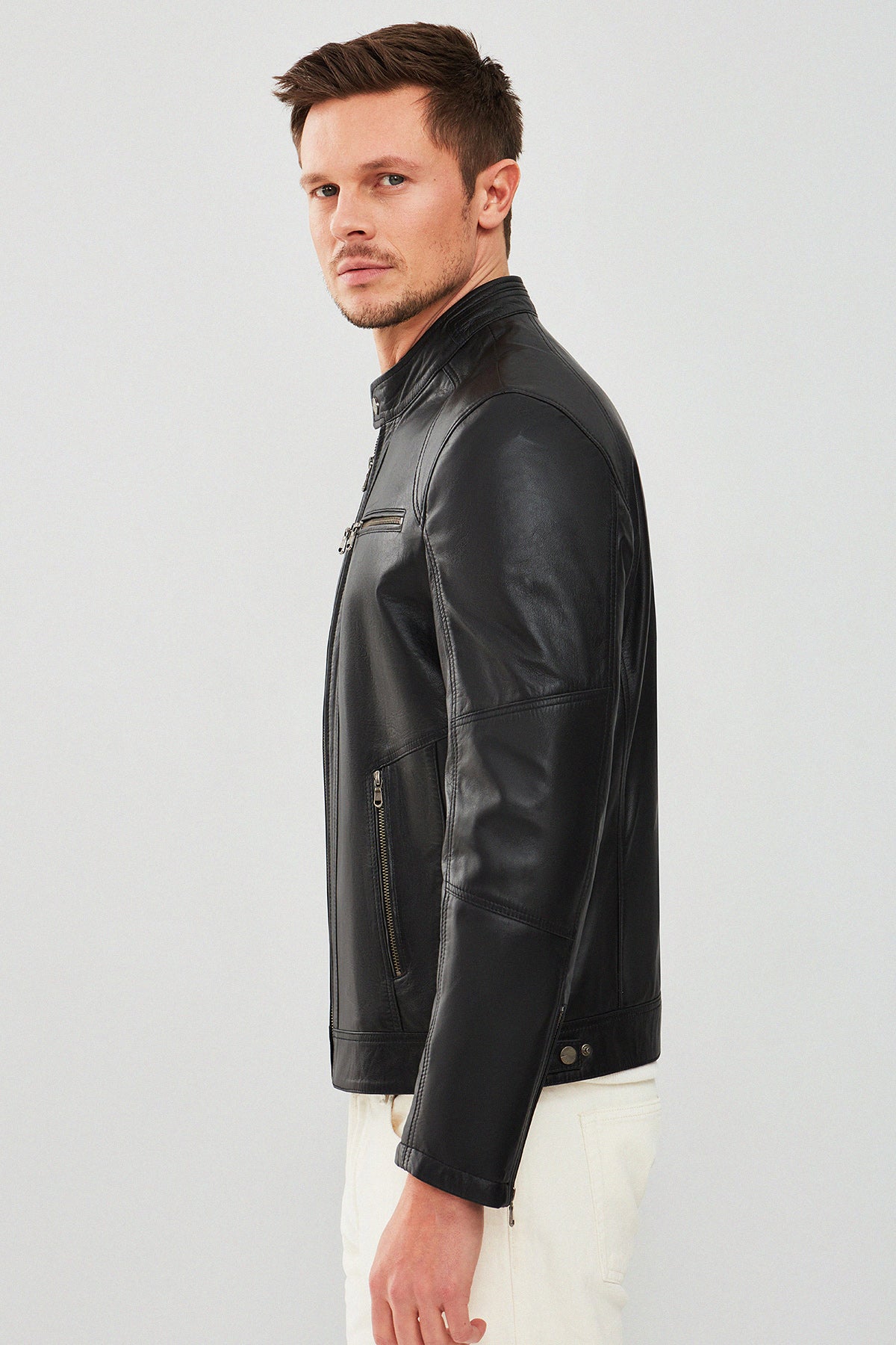 Stealth – Men's Black Leather Cafe Racer Jacket with Dual Chest Zip Pockets