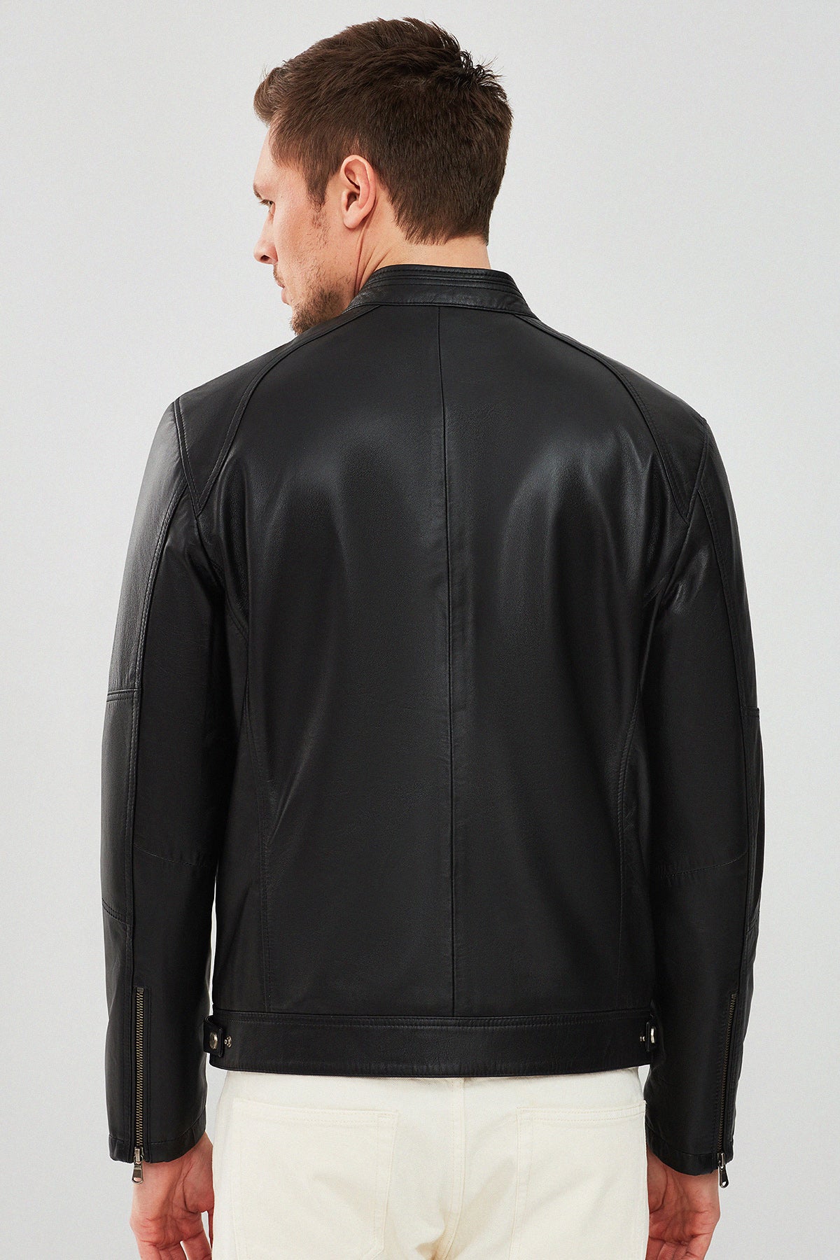 Stealth – Men's Black Leather Cafe Racer Jacket with Dual Chest Zip Pockets