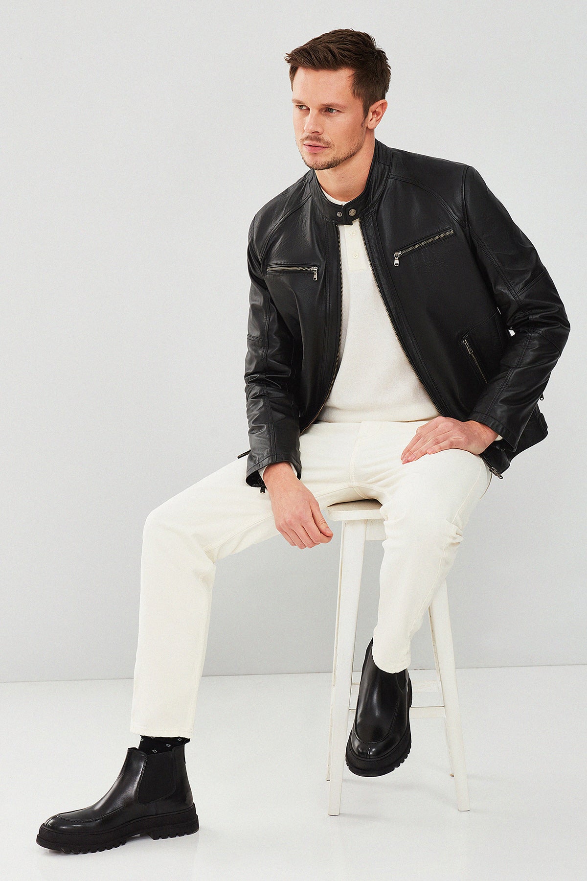 Stealth – Men's Black Leather Cafe Racer Jacket with Dual Chest Zip Pockets
