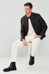 Stealth – Men's Black Leather Cafe Racer Jacket with Dual Chest Zip Pockets