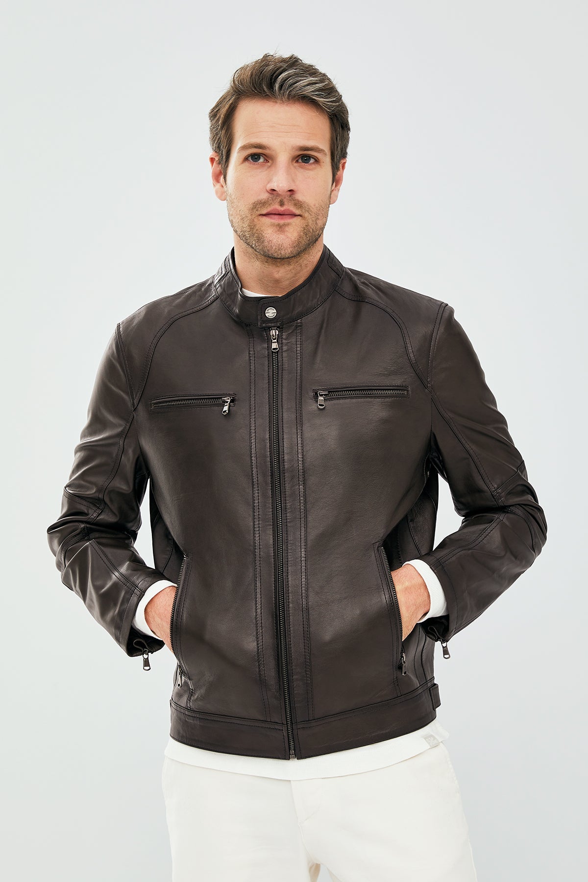 Torque – Men's Dark Brown Leather Cafe Racer Jacket with Dual Chest Zip Pockets