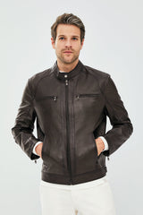 Torque – Men's Dark Brown Leather Cafe Racer Jacket with Dual Chest Zip Pockets