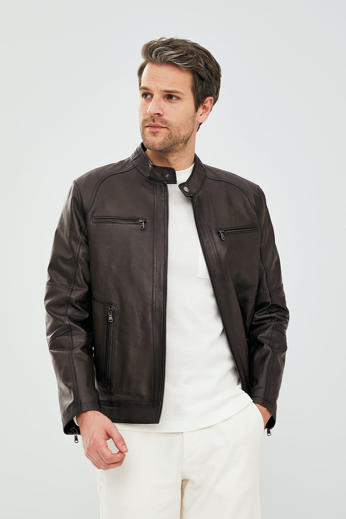 Torque – Men's Dark Brown Leather Cafe Racer Jacket with Dual Chest Zip Pockets